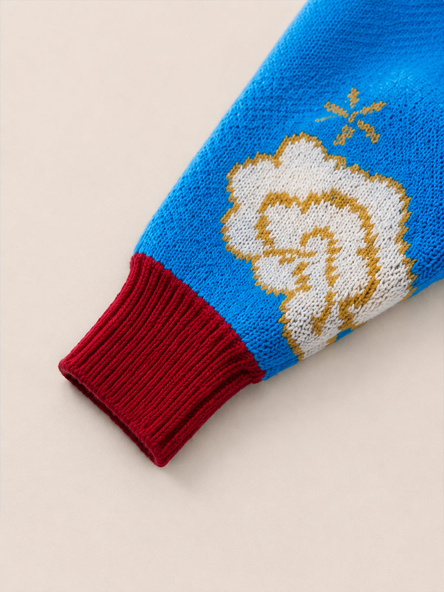 Boys' Blue Lion Dance Knit Sweater with Faux Fur -5886