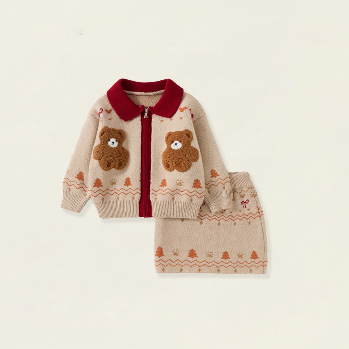 Girls' Beige Teddy Bear Knit Set with Red Collar -5518
