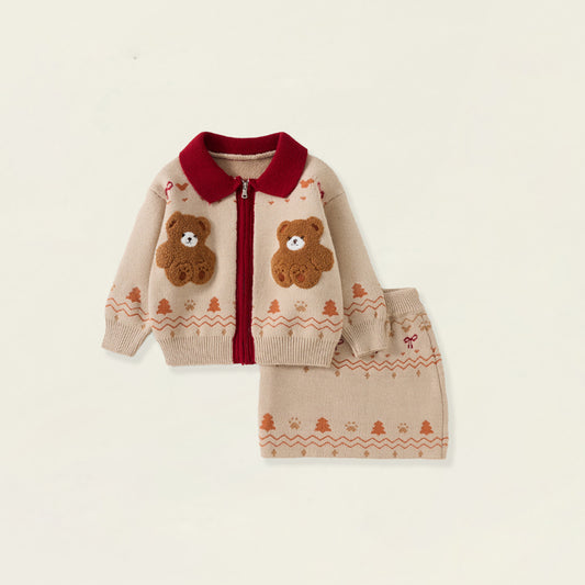 Girls' Beige Teddy Bear Knit Set with Red Collar -5518