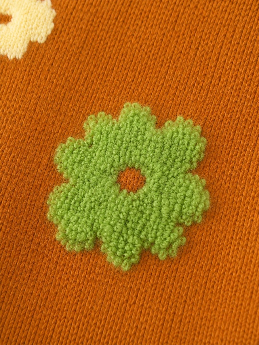 Girls' Rust Orange Floral Jacquard Knit Sweater -5099