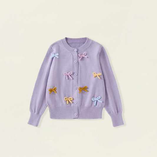 Girls' Lavender Bow Appliqué Knit Cardigan -6627