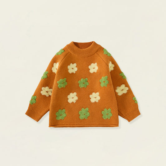 Girls' Rust Orange Floral Jacquard Knit Sweater -5099