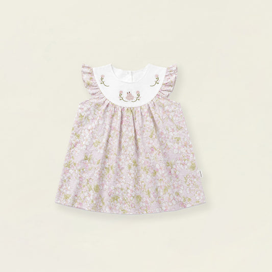 Girls' Pink Floral Sleeveless Dress with Embroidered Bib Collar -K6126313