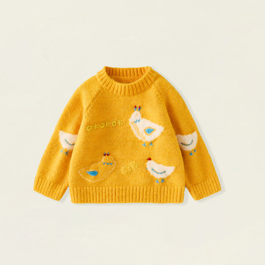 Girls' Yellow Chicken Print Knit Sweater -5501