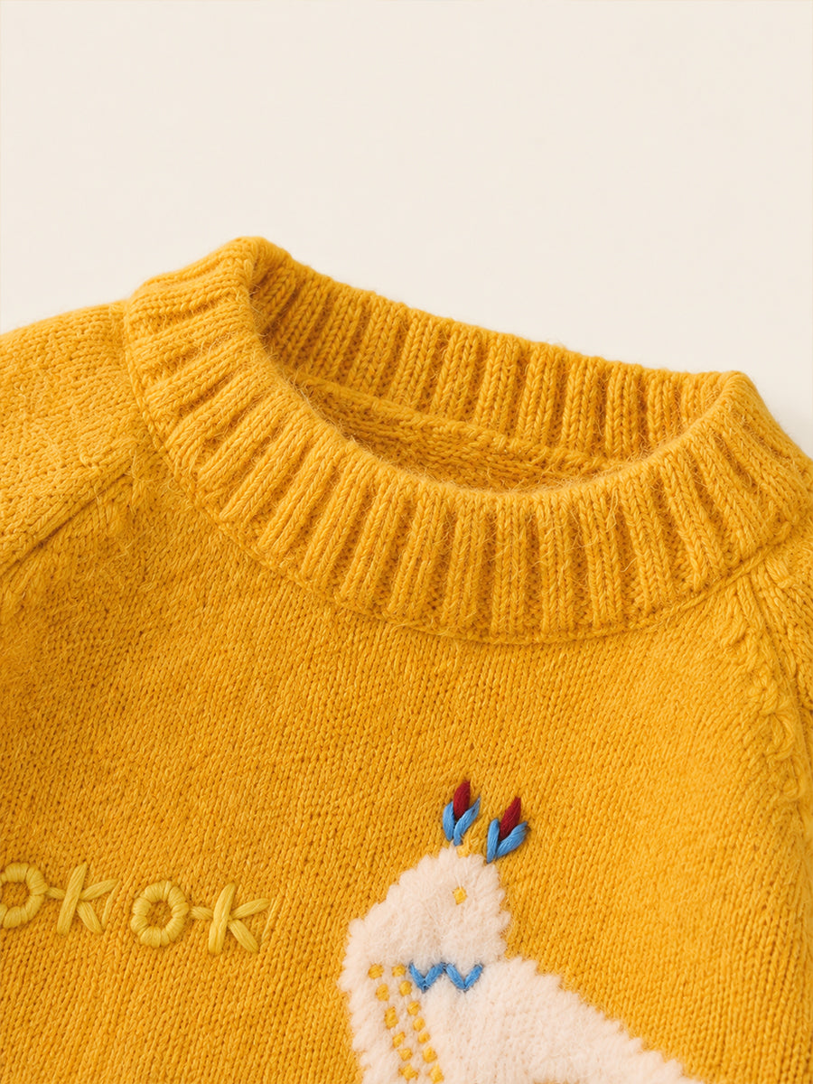 Girls' Yellow Chicken Print Knit Sweater -5501