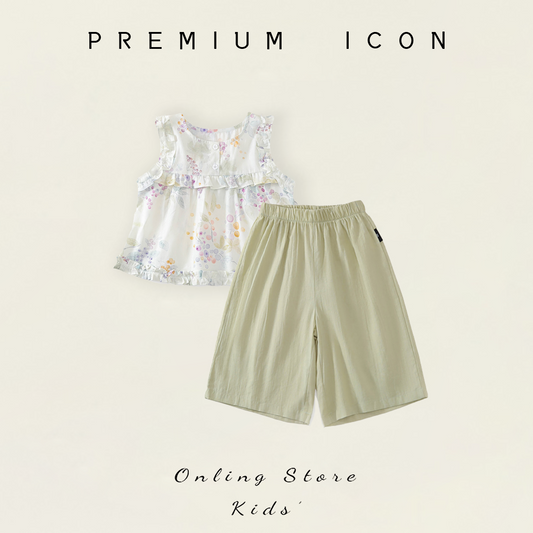 Girls' Floral Ruffle Top & Sage Green Shorts Set-K6126078
