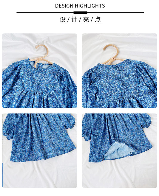 Girl's Autumn New Blue Floral Long Sleeve Dress