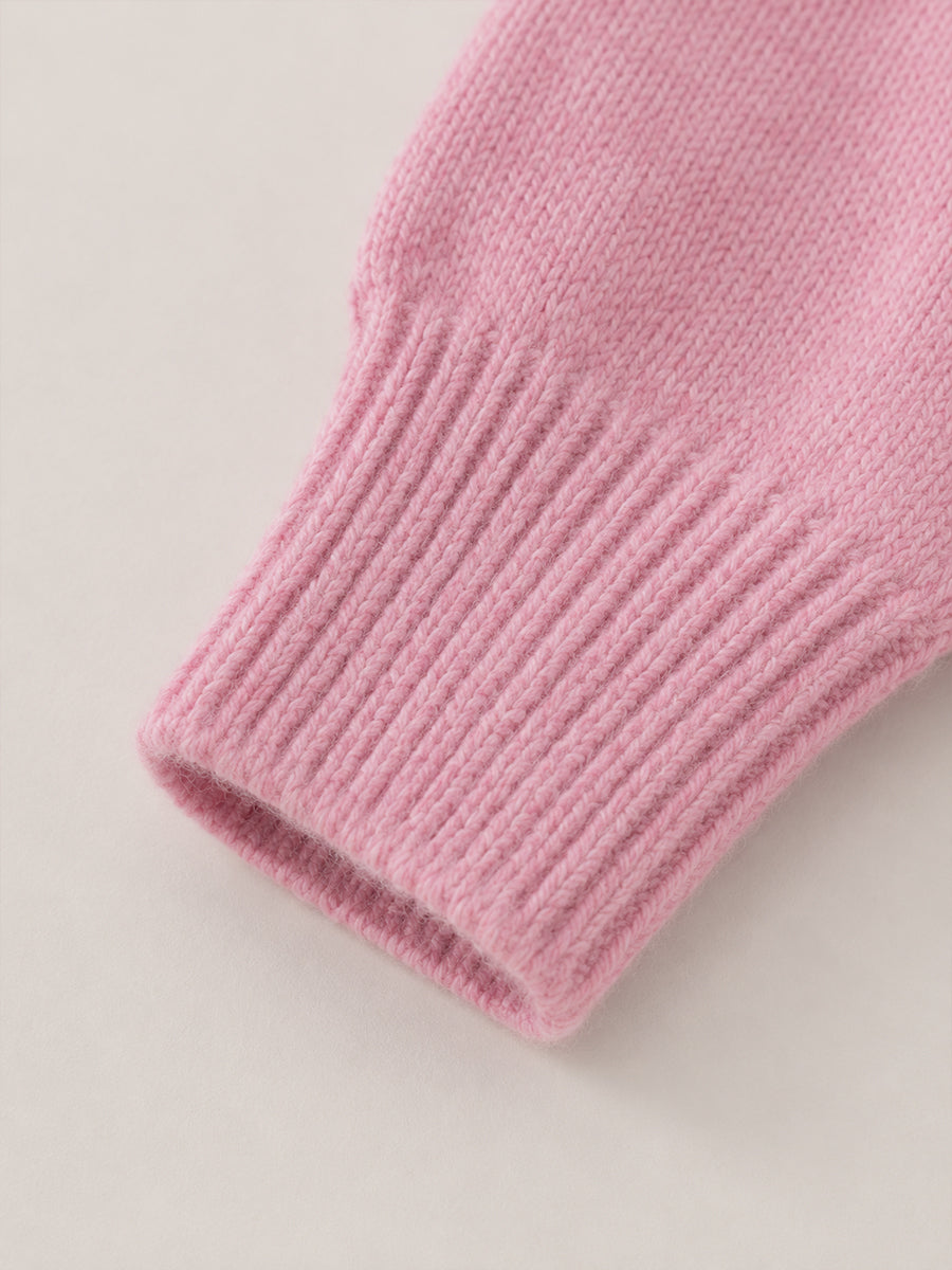 Girls' Pink Polo Collar Knit Sweater with Cherry Embroidery -5107