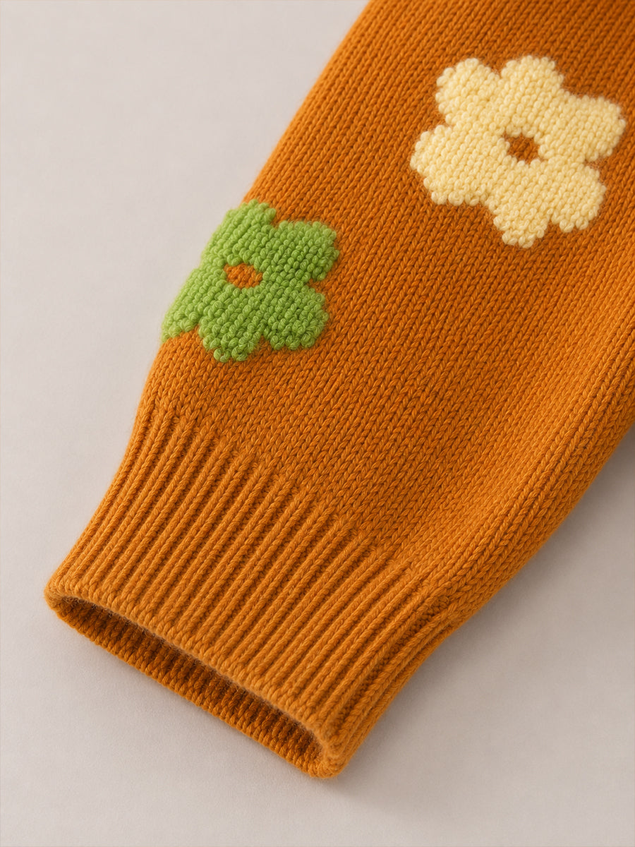 Girls' Rust Orange Floral Jacquard Knit Sweater -5099