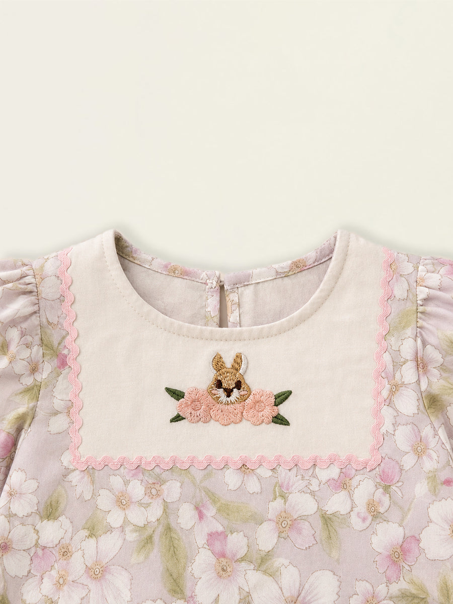 Girls' Pink Floral Long Sleeve Dress with Bunny Embroidery -K6136312