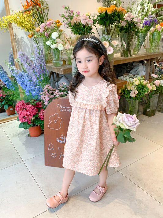 Girls' Floral Short-Sleeve Round Neck Princess Dress