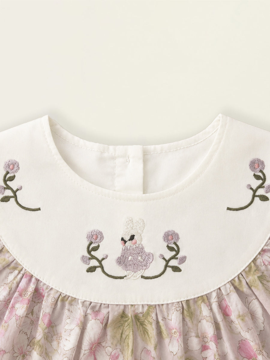 Girls' Pink Floral Sleeveless Dress with Embroidered Bib Collar -K6126313