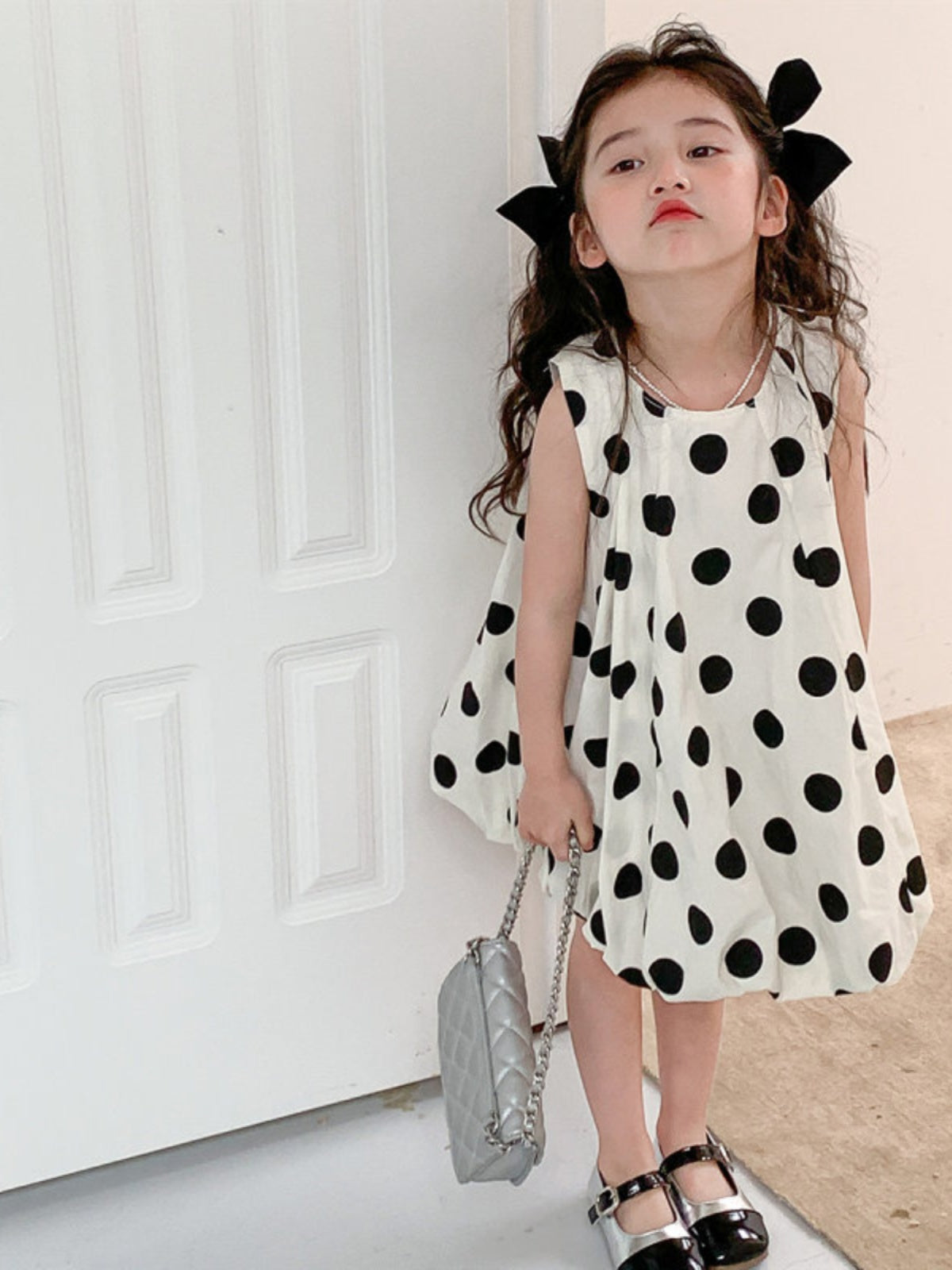 Girls' Black and White Polka Dot Sleeveless Dress