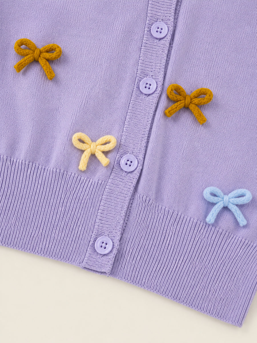 Girls' Lavender Bow Appliqué Knit Cardigan -6627