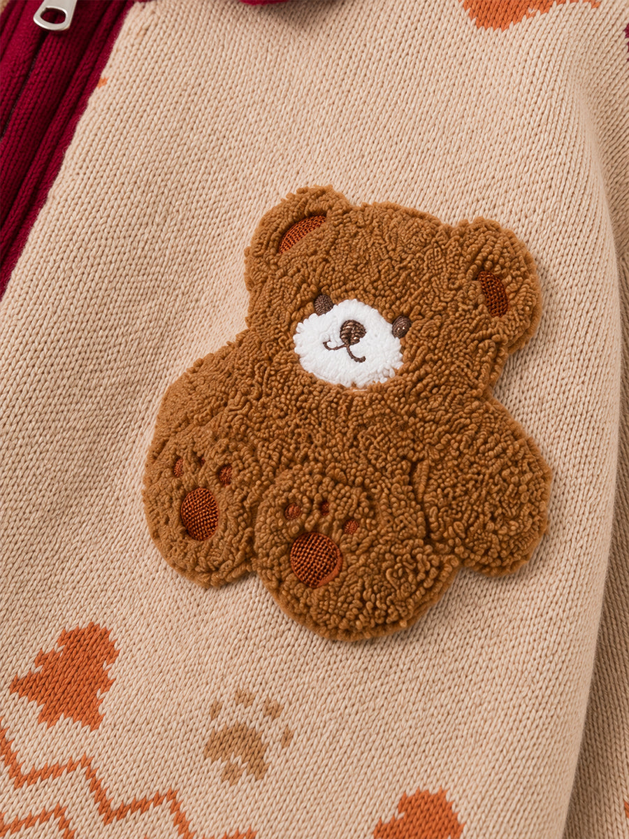 Girls' Beige Teddy Bear Knit Set with Red Collar -5518