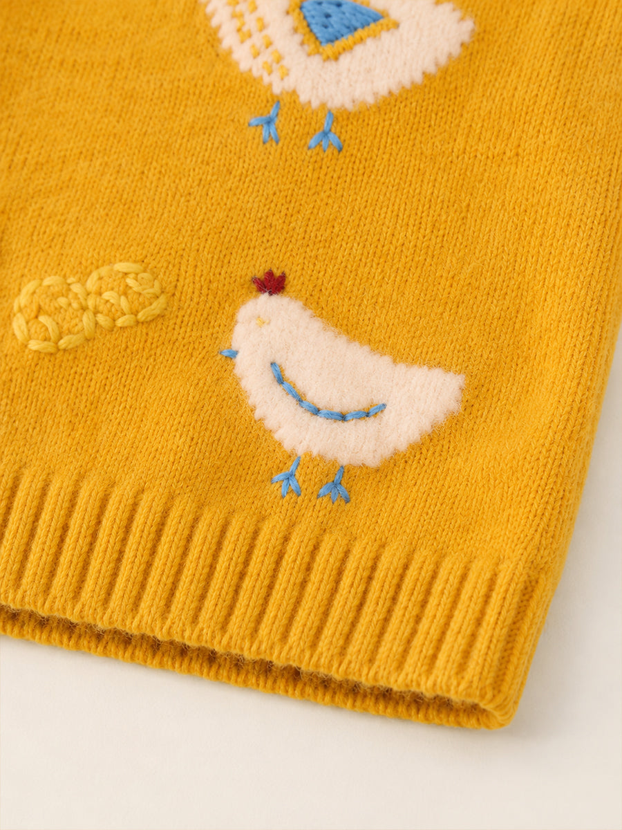 Girls' Yellow Chicken Print Knit Sweater -5501