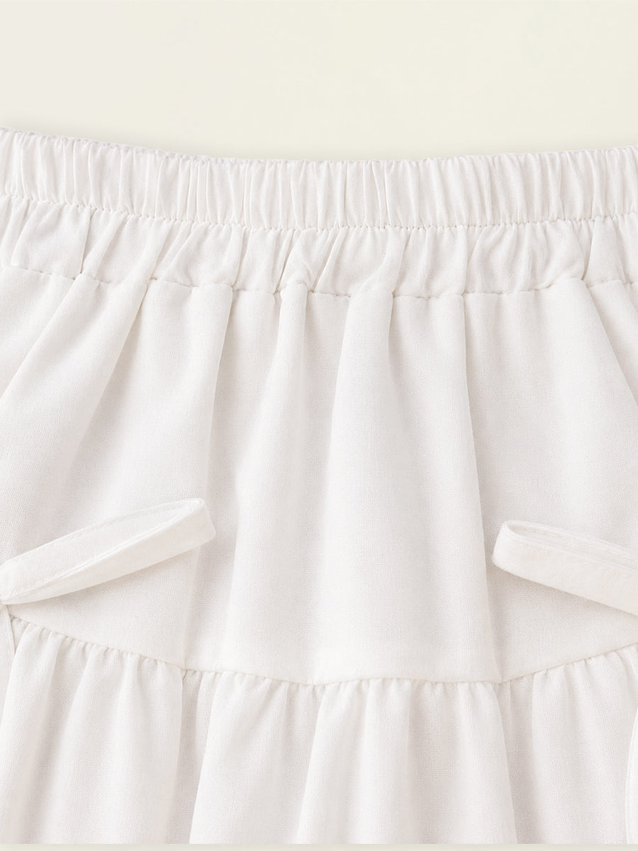Girls' White Ruffled Bow Skirt with Elastic Waist - K6126349