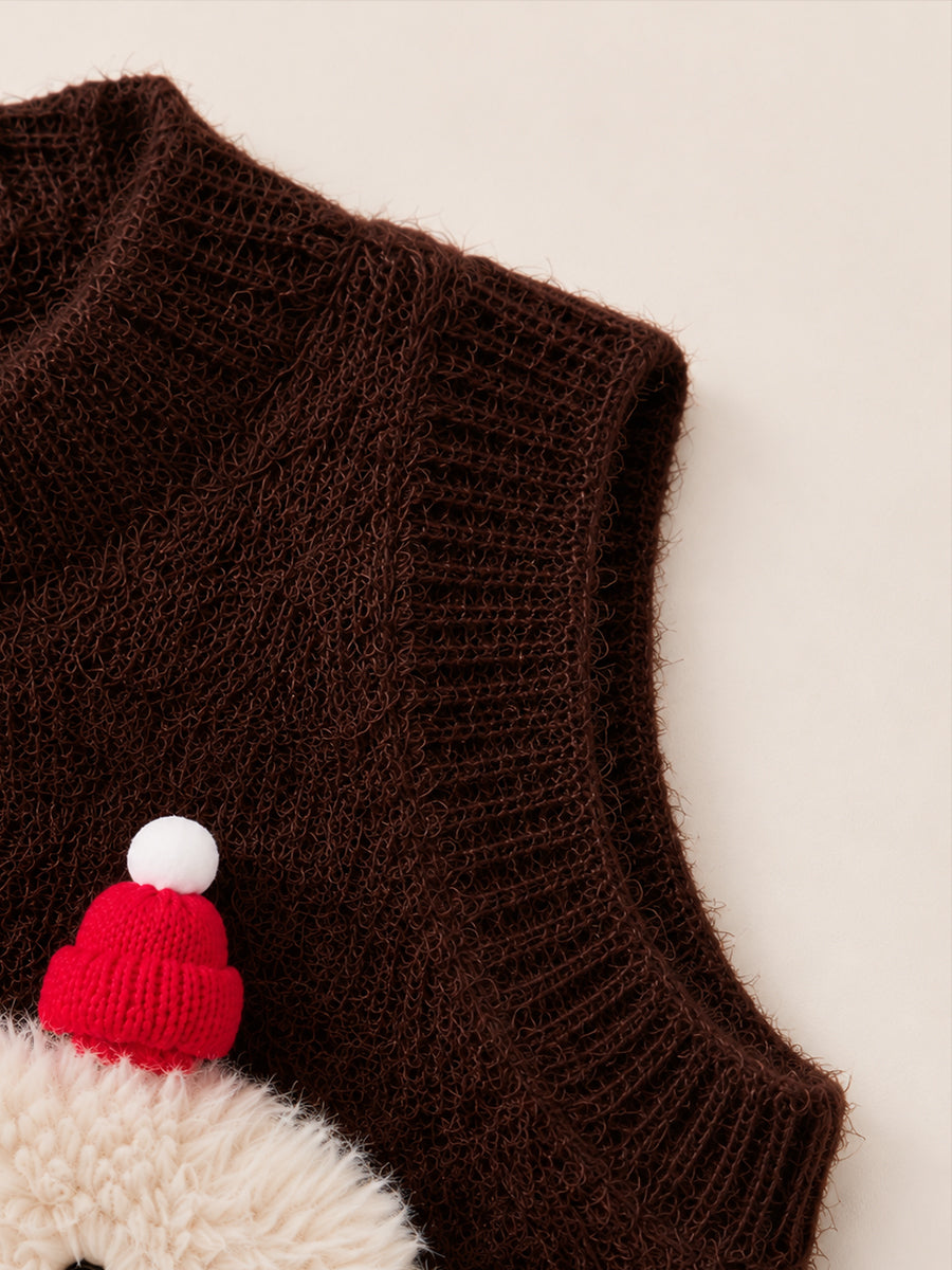 Girls' Brown Fuzzy Vest with 3D Puppy & Pom-Pom Details -5231