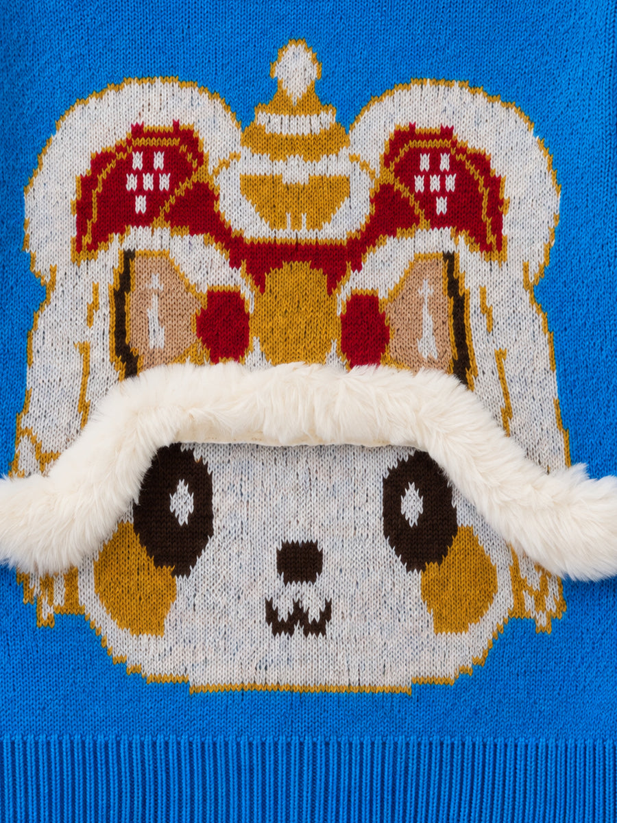 Boys' Blue Lion Dance Knit Sweater with Faux Fur -5886