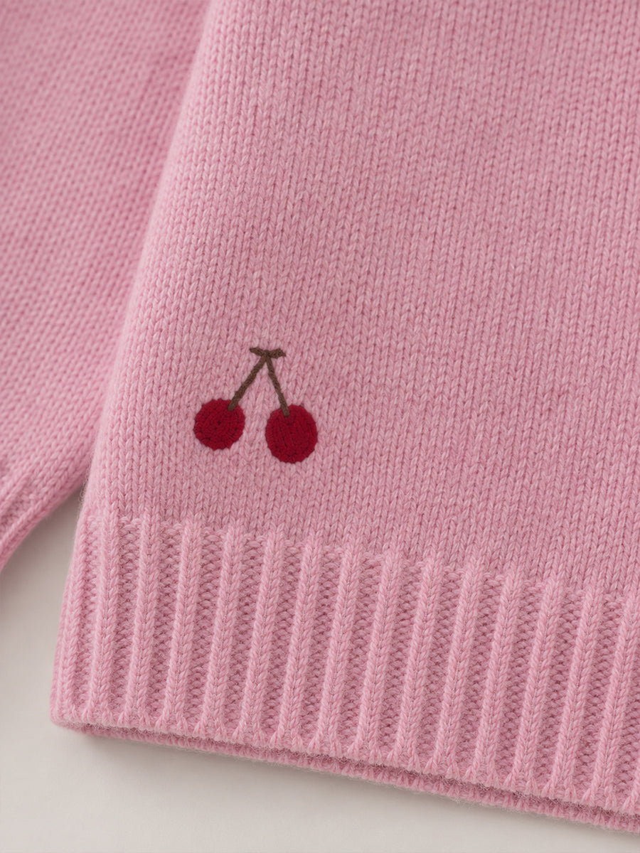 Girls' Pink Polo Collar Knit Sweater with Cherry Embroidery -5107
