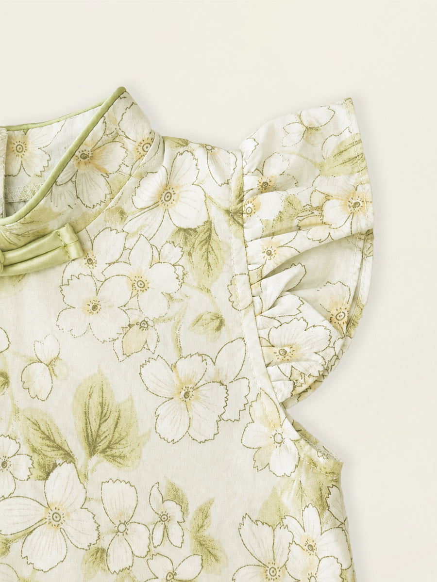 Girls' Floral & Gingham Cheongsam-Style Dress with Ruffled Sleeves - K6126311