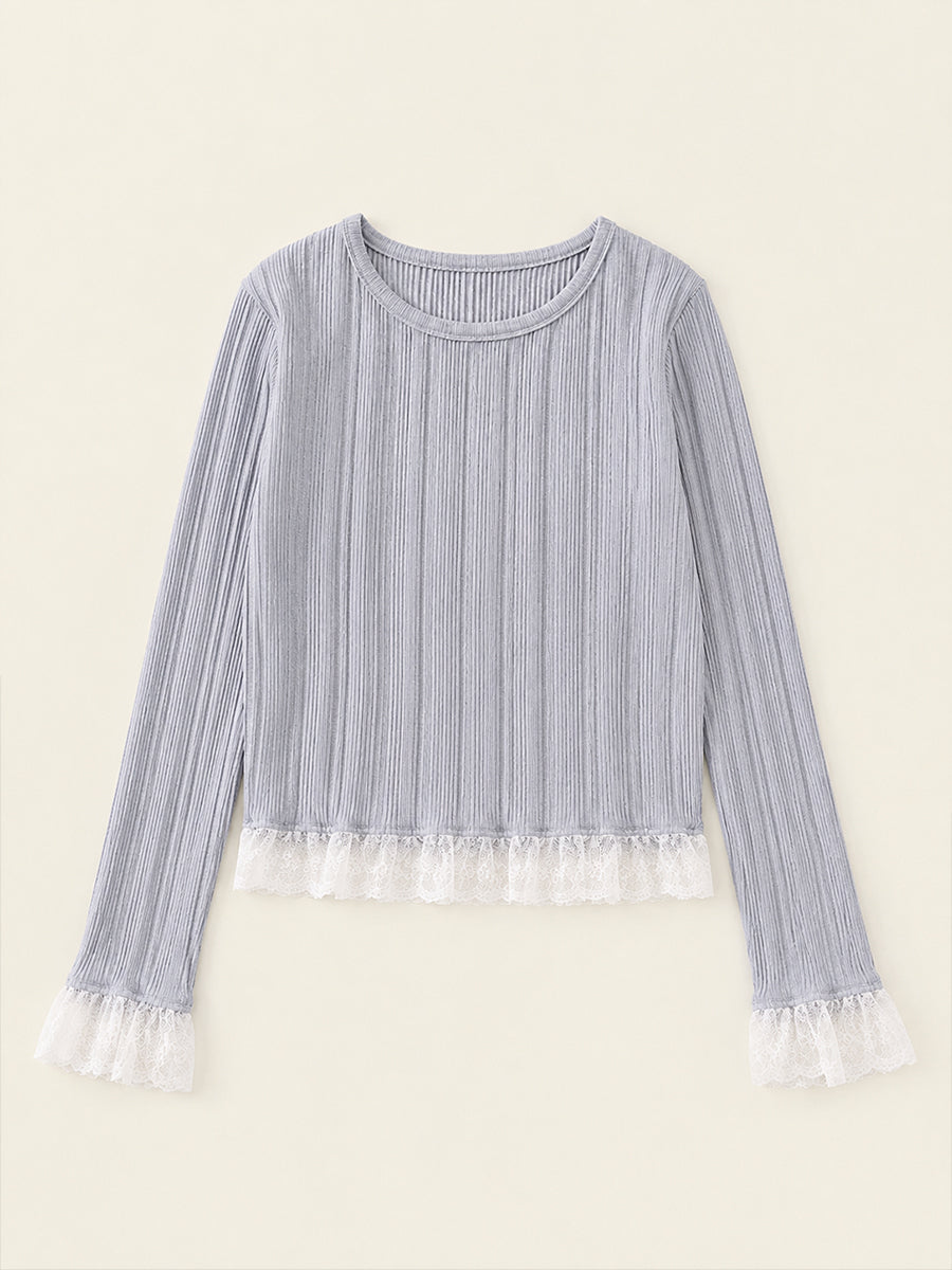 Girls' 2-in-1 Grey Ribbed Knit Top with Black Vest & Lace Trim -4162