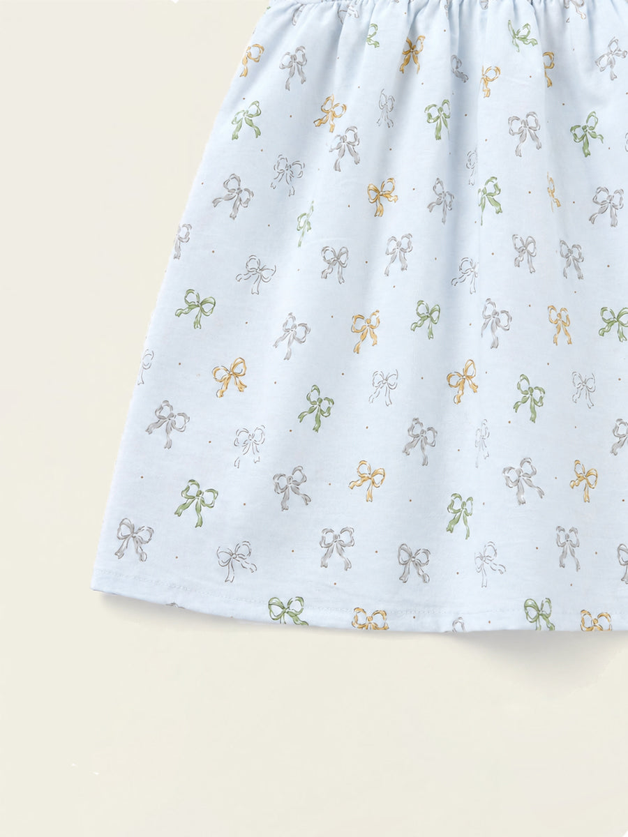 Girls' Light Blue Bow Print Dress with Peter Pan Collar -K6126326