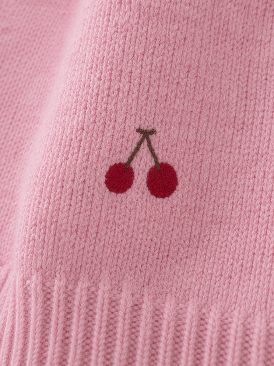 Girls' Pink Polo Collar Knit Sweater with Cherry Embroidery -5107