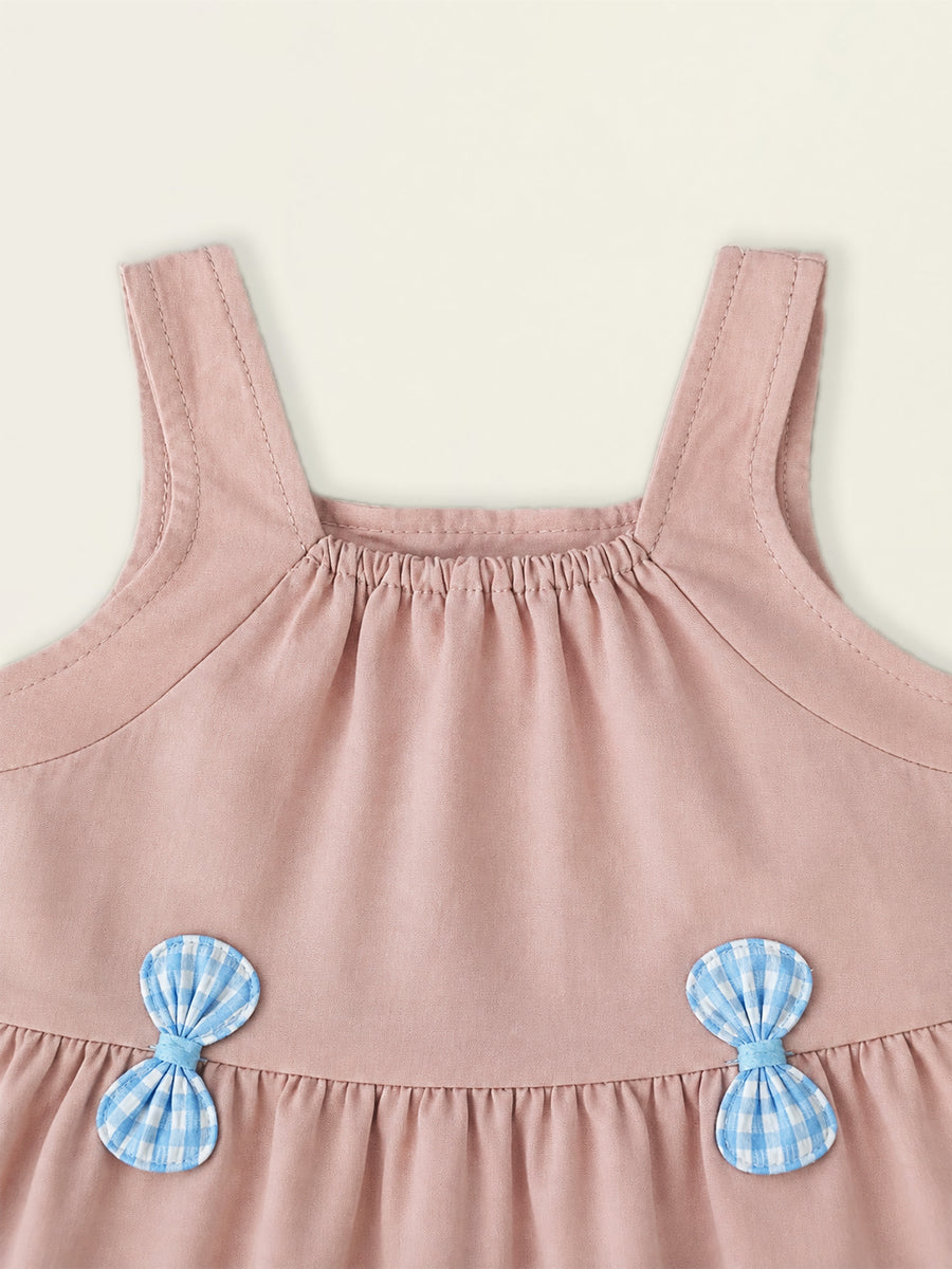 Girls' Pink Tiered Dress with Blue Gingham Bows -K6126336
