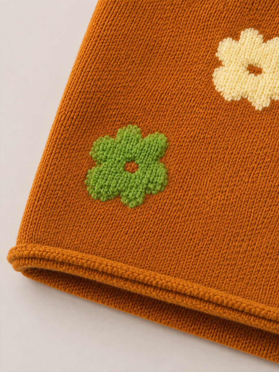 Girls' Rust Orange Floral Jacquard Knit Sweater -5099
