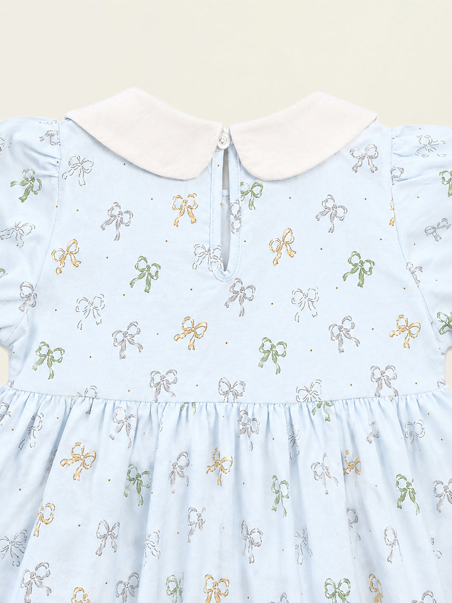 Girls' Light Blue Bow Print Dress with Peter Pan Collar -K6126326
