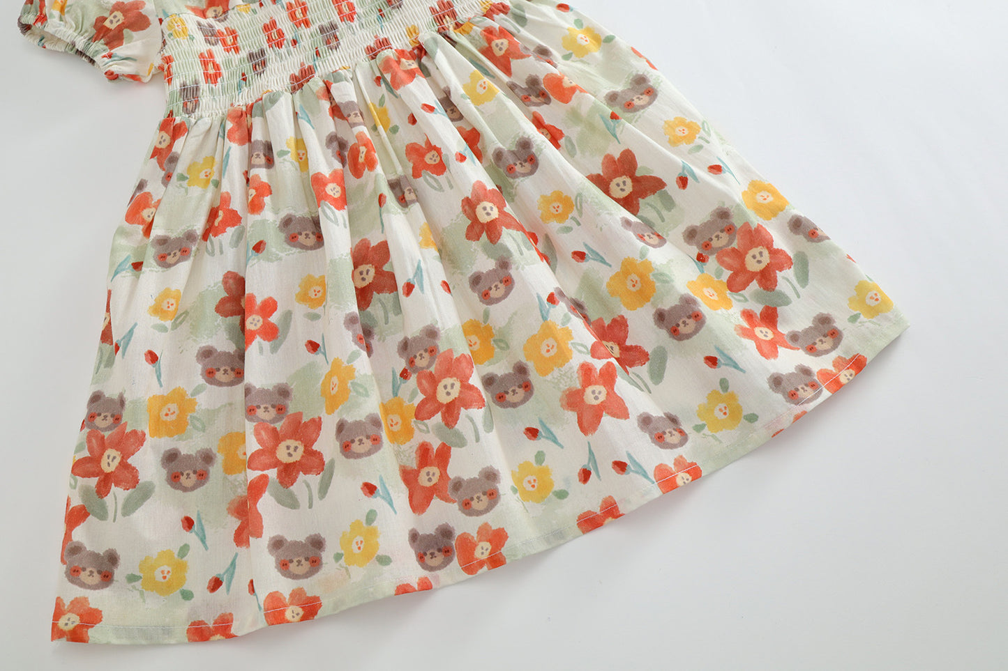 Girls' Print Gathered Dress with Bunny and Cat Pattern