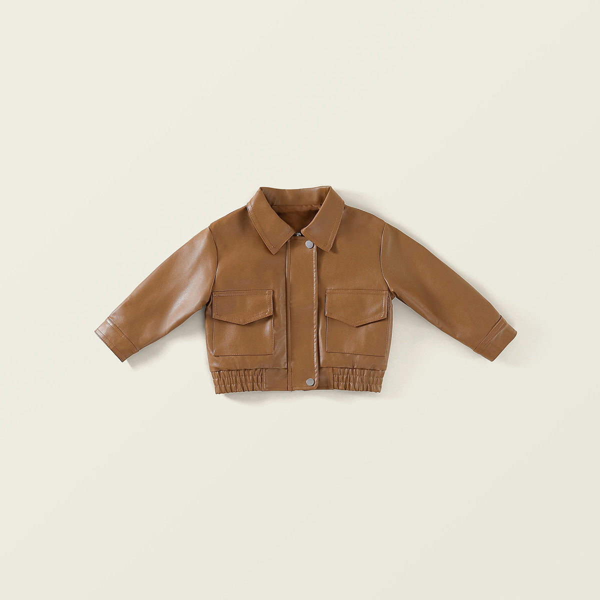 New  Kids' Brown Lapel Leather Jacket-K6115984