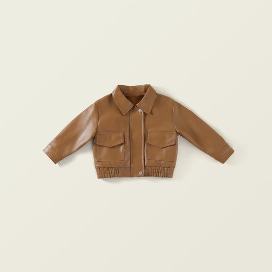 New  Kids' Brown Lapel Leather Jacket-K6115984
