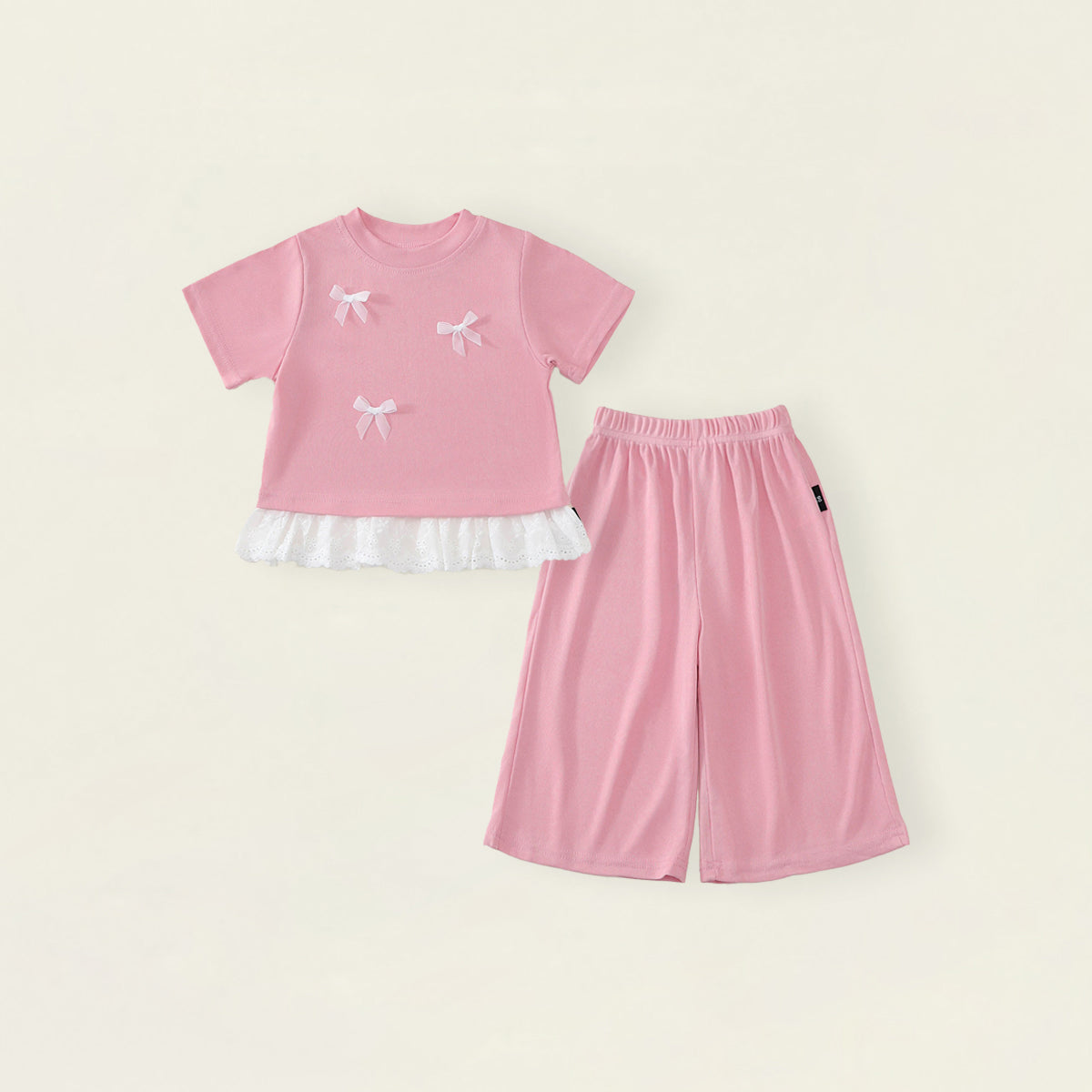 Girls' Pink Bow & Lace Trim T-Shirt and Wide-Leg Pants Set-K6126166