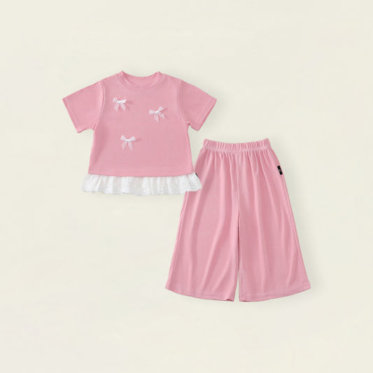 Girls' Pink Bow & Lace Trim T-Shirt and Wide-Leg Pants Set-K6126166
