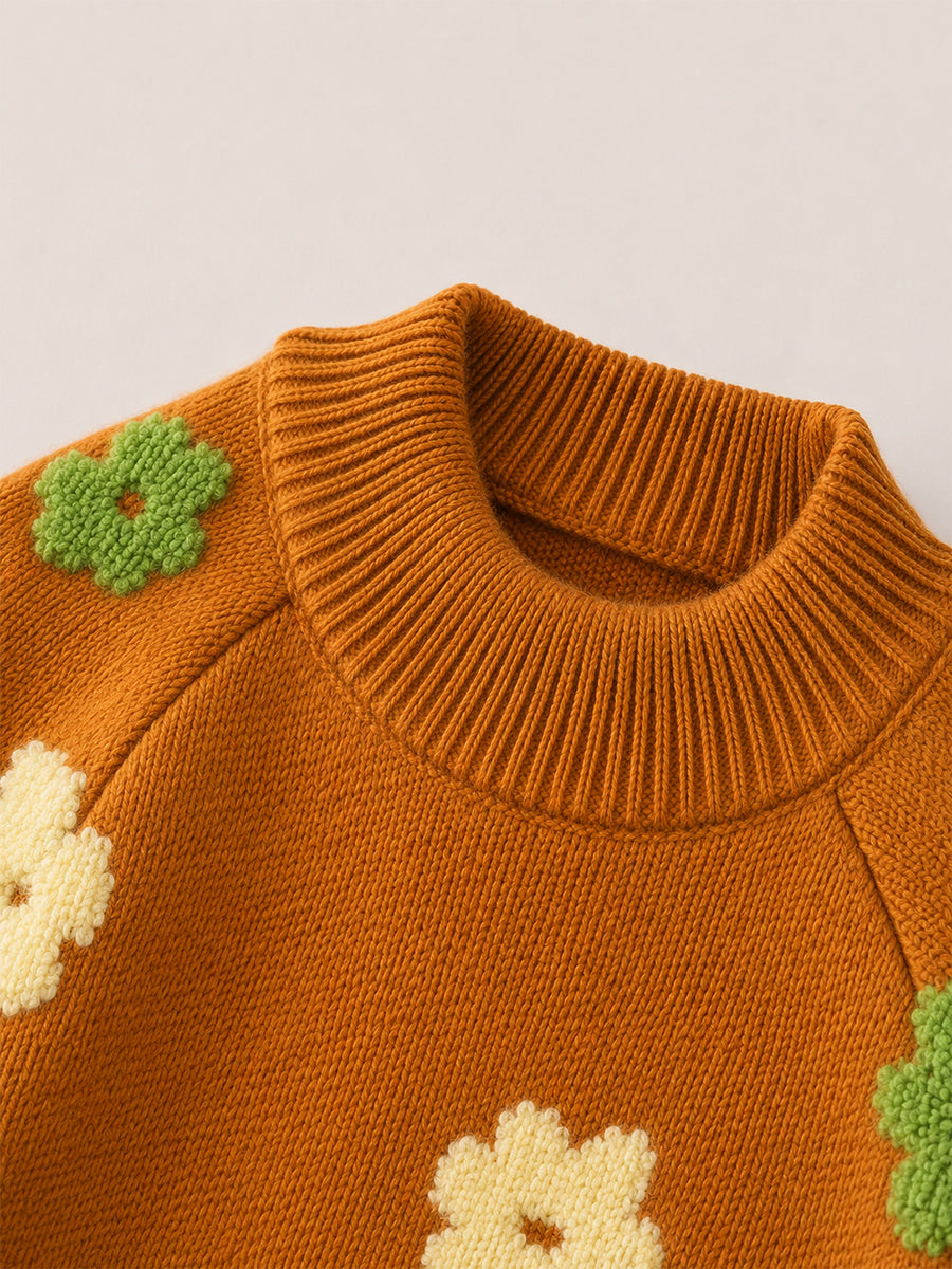 Girls' Rust Orange Floral Jacquard Knit Sweater -5099
