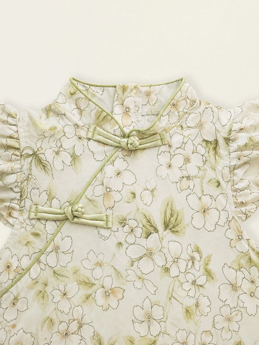 Girls' Floral & Gingham Cheongsam-Style Dress with Ruffled Sleeves - K6126311