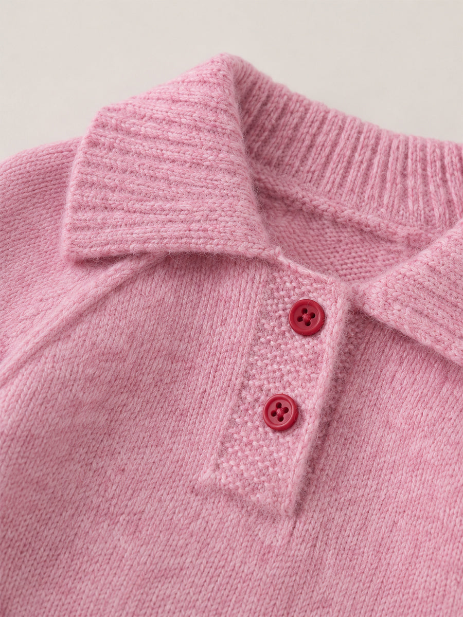 Girls' Pink Polo Collar Knit Sweater with Cherry Embroidery -5107