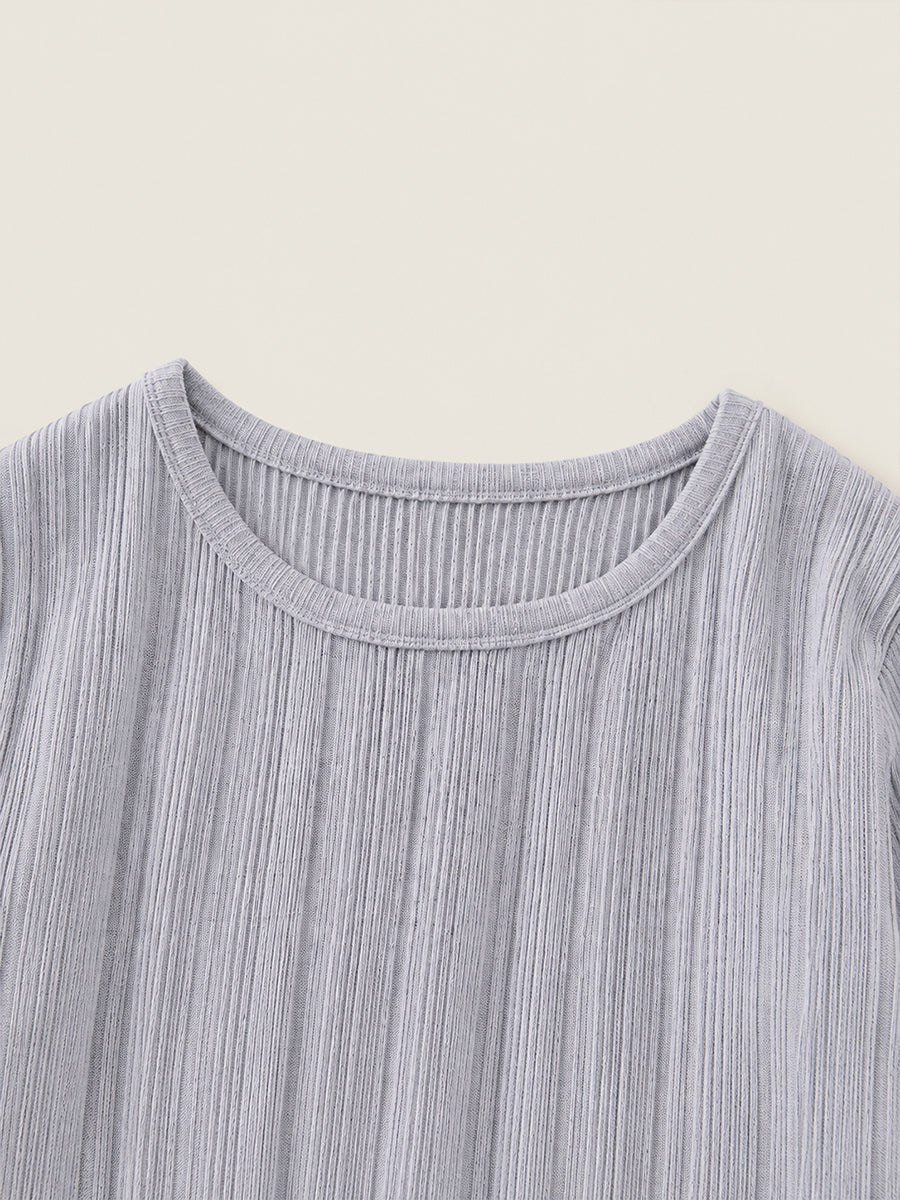 Girls' 2-in-1 Grey Ribbed Knit Top with Black Vest & Lace Trim -4162