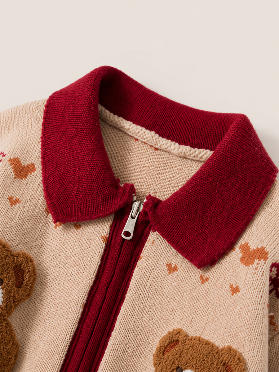 Girls' Beige Teddy Bear Knit Set with Red Collar -5518
