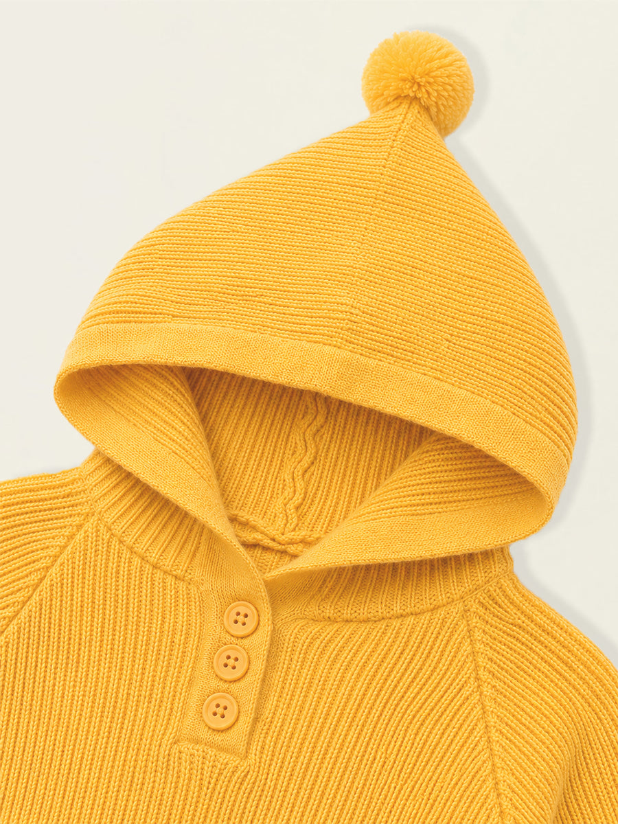 Kids' Mustard Yellow Pom-Pom Hooded Knit Sweater -4083