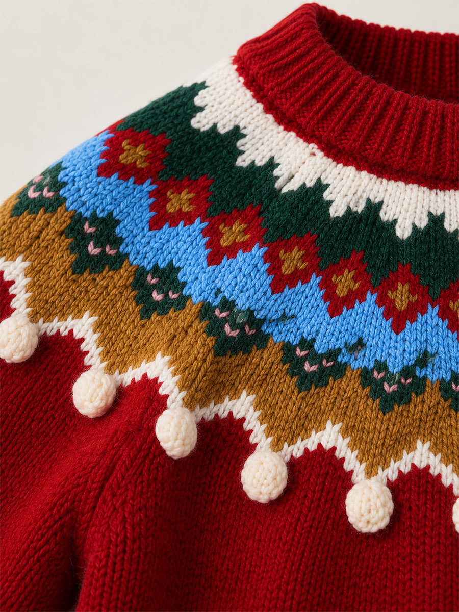Girls' Red Fair Isle Knit Sweater with Pom-Pom Trim -5248