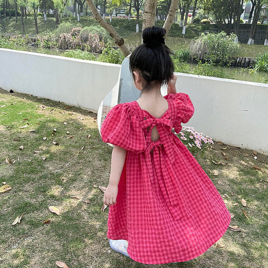 Girls Red Checkered Short-Sleeve Dress