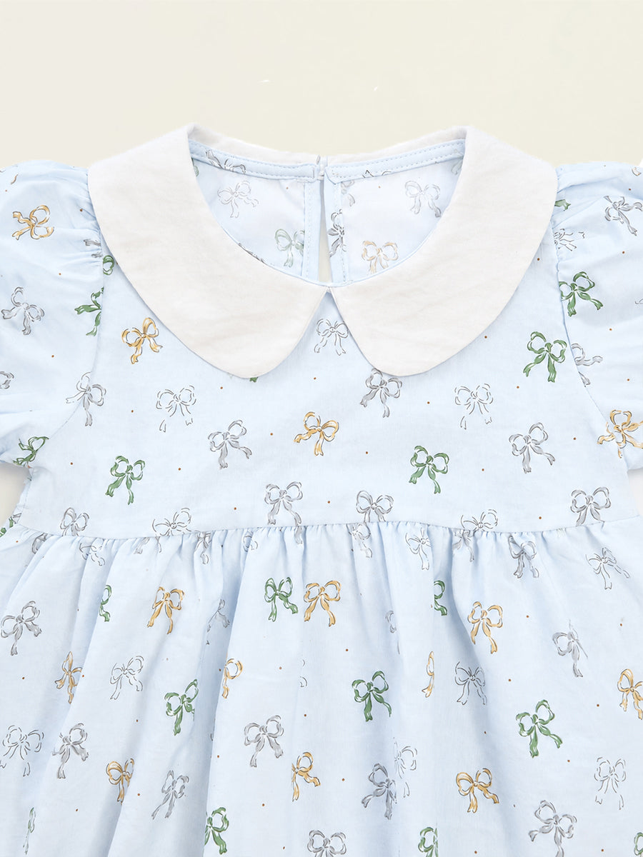 Girls' Light Blue Bow Print Dress with Peter Pan Collar -K6126326