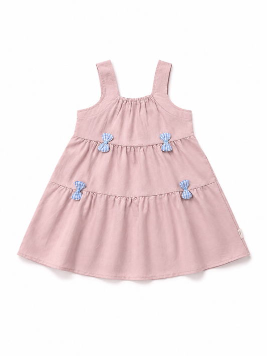 Girls' Pink Tiered Dress with Blue Gingham Bows -K6126336