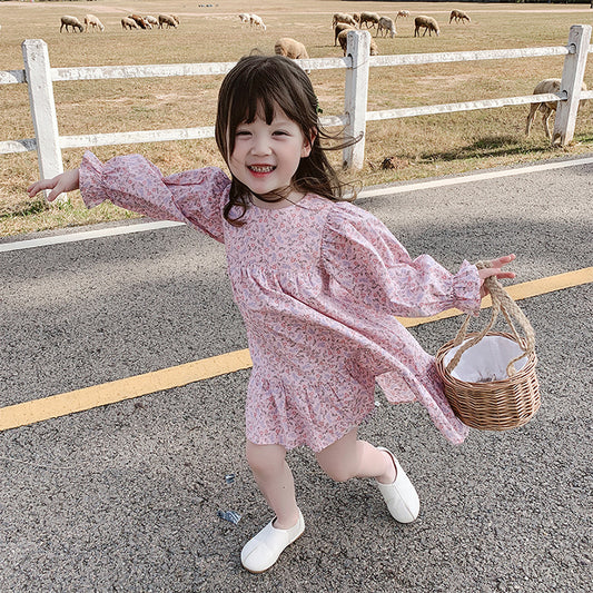 Girl's Spring New Korean-Style Floral Long Sleeve Dress