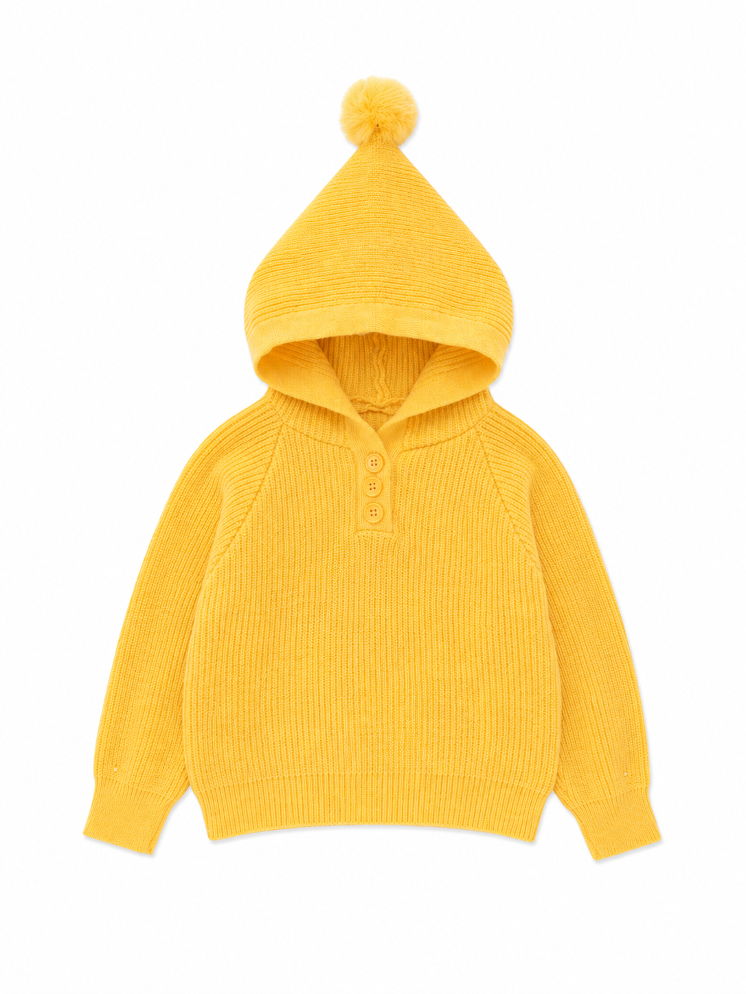 Kids' Mustard Yellow Pom-Pom Hooded Knit Sweater -4083