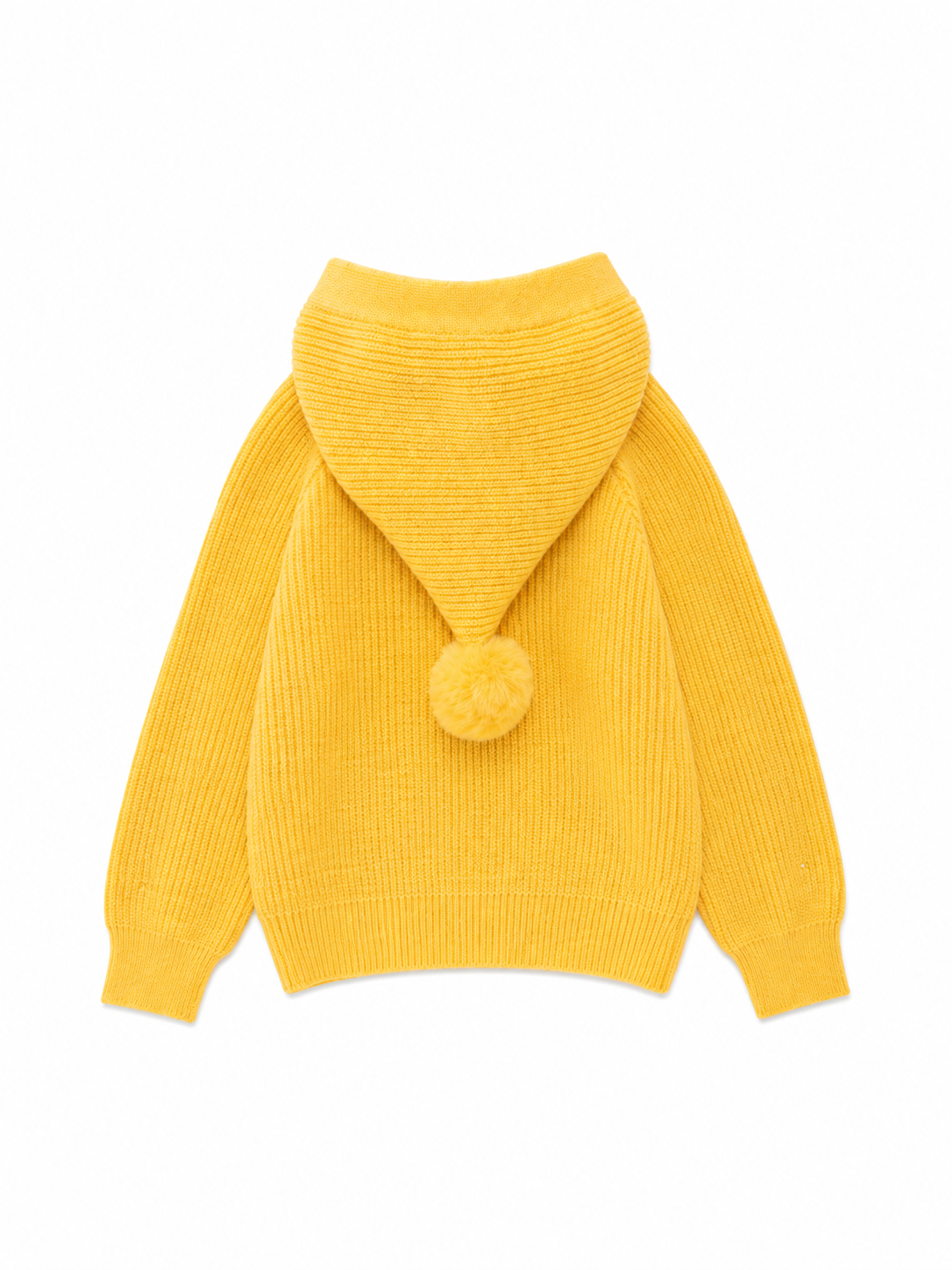 Kids' Mustard Yellow Pom-Pom Hooded Knit Sweater -4083