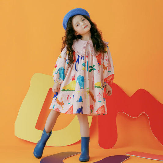 Girls' Long Sleeve Cartoon Print Dress